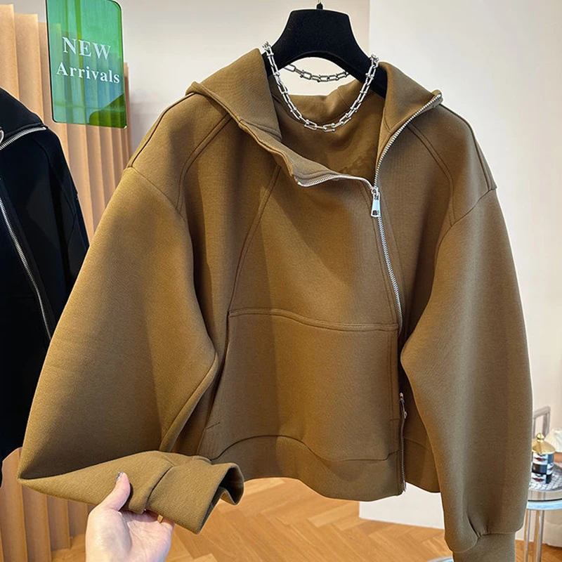 French style fashion irregular diagonal zipper hooded sweater women's loose temperament in spring and autumn design casual coat
