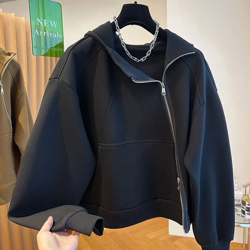 French style fashion irregular diagonal zipper hooded sweater women's loose temperament in spring and autumn design casual coat