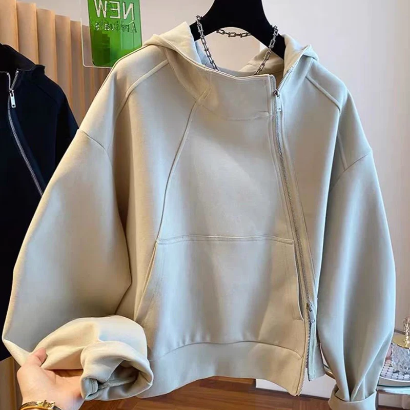 French style fashion irregular diagonal zipper hooded sweater women's loose temperament in spring and autumn design casual coat