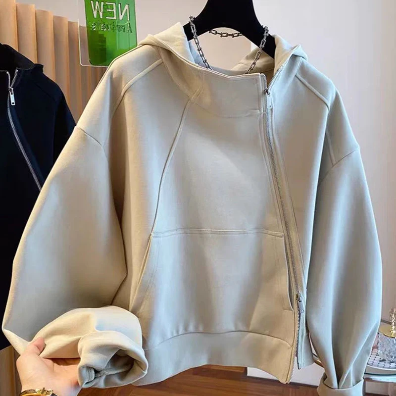 French style fashion irregular diagonal zipper hooded sweater women's loose temperament in spring and autumn design casual coat