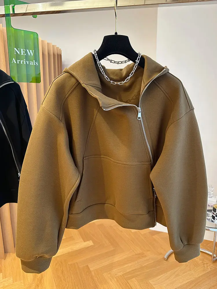 French style fashion irregular diagonal zipper hooded sweater women's loose temperament in spring and autumn design casual coat