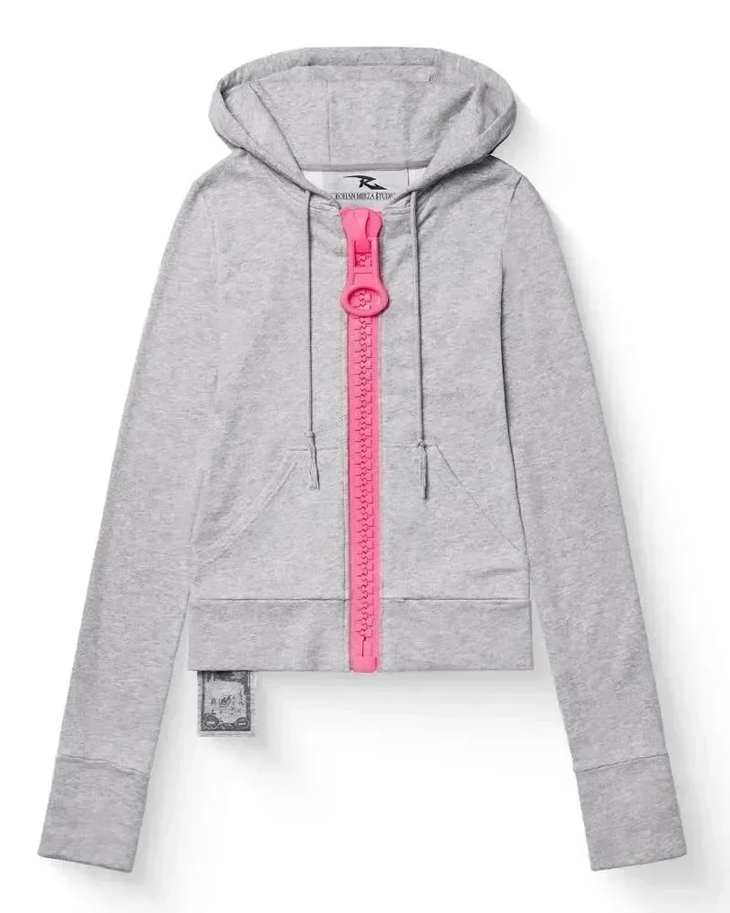 Hip Hop Vintage Hoodies Women Pink Large Zipper Sports Hoodie Y2K Harajuku High Street Slim Fit Sweatshirt Women Streetwear Tops