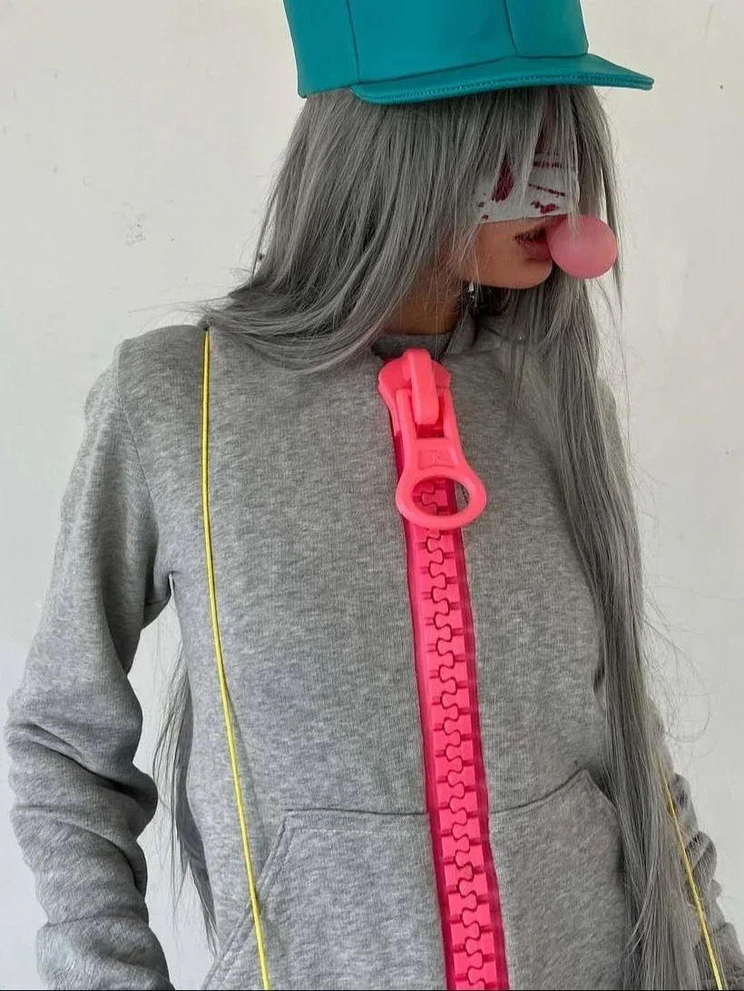 Hip Hop Vintage Hoodies Women Pink Large Zipper Sports Hoodie Y2K Harajuku High Street Slim Fit Sweatshirt Women Streetwear Tops