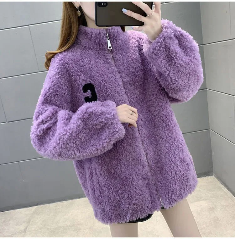 2024 Autumn Winter Fleece Fluffy Jacket Streetwear Zipper Coat Women Plush Warm Outerwear Letter Splice Female Sweatshirt