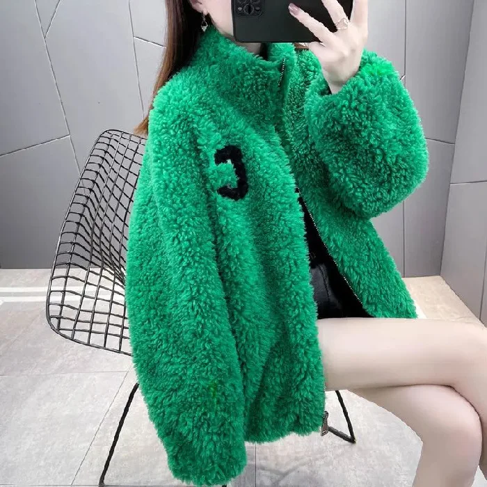 2024 Autumn Winter Fleece Fluffy Jacket Streetwear Zipper Coat Women Plush Warm Outerwear Letter Splice Female Sweatshirt