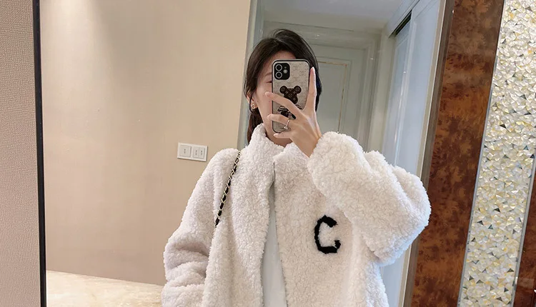 2024 Autumn Winter Fleece Fluffy Jacket Streetwear Zipper Coat Women Plush Warm Outerwear Letter Splice Female Sweatshirt