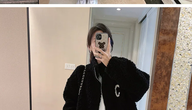 2024 Autumn Winter Fleece Fluffy Jacket Streetwear Zipper Coat Women Plush Warm Outerwear Letter Splice Female Sweatshirt