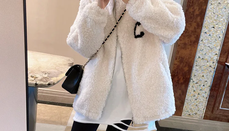 2024 Autumn Winter Fleece Fluffy Jacket Streetwear Zipper Coat Women Plush Warm Outerwear Letter Splice Female Sweatshirt