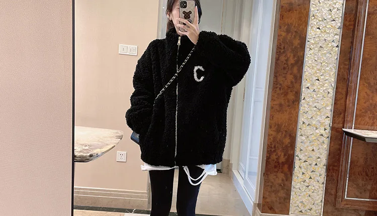 2024 Autumn Winter Fleece Fluffy Jacket Streetwear Zipper Coat Women Plush Warm Outerwear Letter Splice Female Sweatshirt
