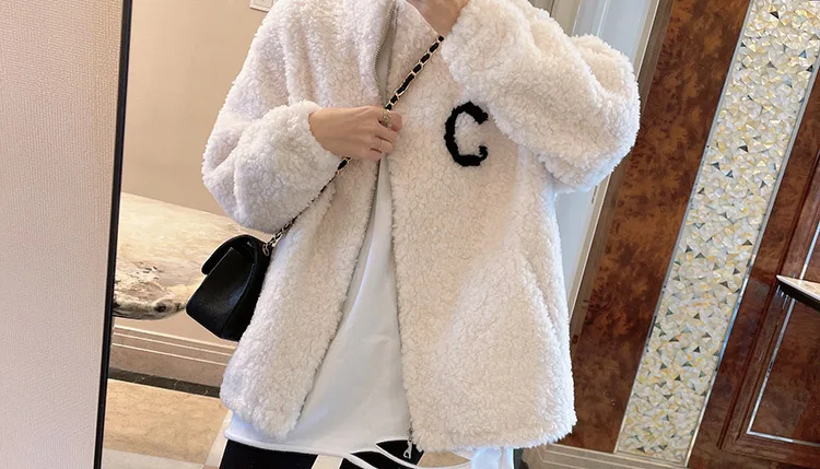 2024 Autumn Winter Fleece Fluffy Jacket Streetwear Zipper Coat Women Plush Warm Outerwear Letter Splice Female Sweatshirt