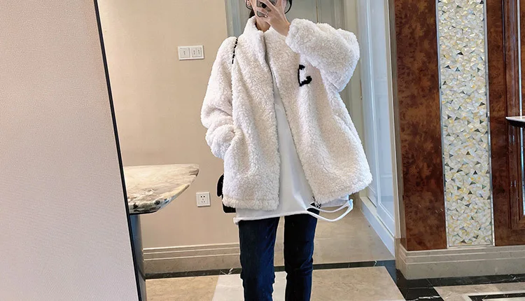 2024 Autumn Winter Fleece Fluffy Jacket Streetwear Zipper Coat Women Plush Warm Outerwear Letter Splice Female Sweatshirt