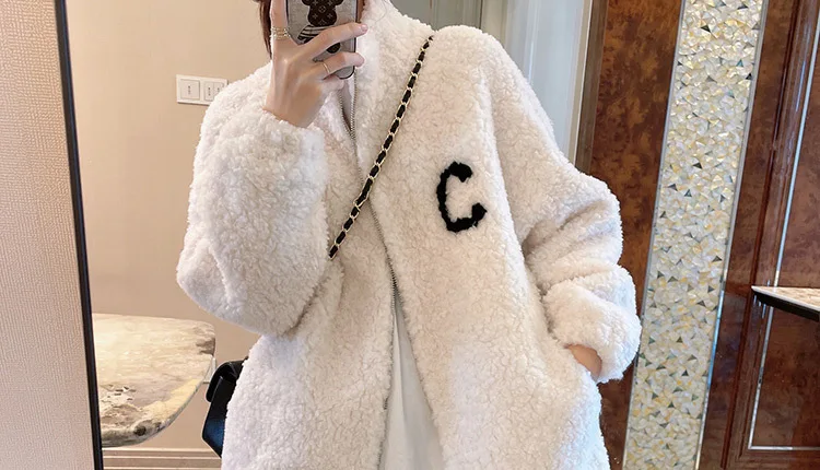 2024 Autumn Winter Fleece Fluffy Jacket Streetwear Zipper Coat Women Plush Warm Outerwear Letter Splice Female Sweatshirt