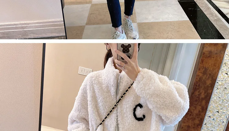 2024 Autumn Winter Fleece Fluffy Jacket Streetwear Zipper Coat Women Plush Warm Outerwear Letter Splice Female Sweatshirt