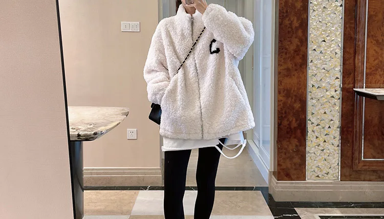 2024 Autumn Winter Fleece Fluffy Jacket Streetwear Zipper Coat Women Plush Warm Outerwear Letter Splice Female Sweatshirt
