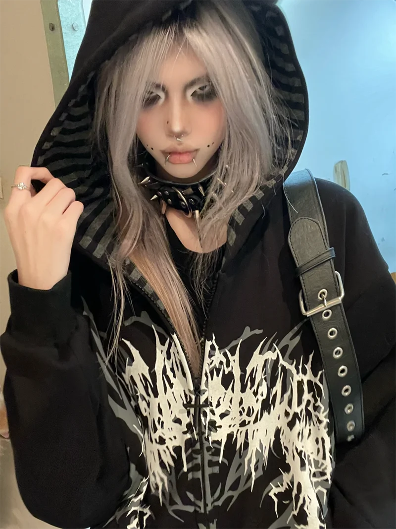 Y2K Subculture Gender Neutral Hoodie Jacket Spring Autumn 2025 Loose Fit Zip Up Thin Coat Harajuku Streetwear Gothic Outfit New