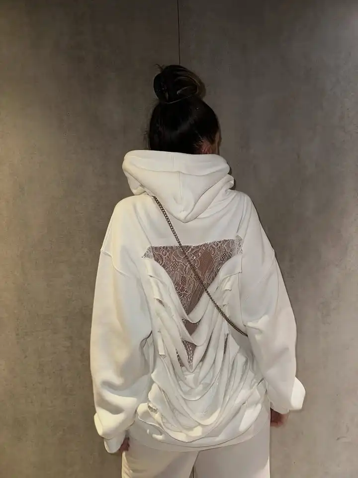 American Gothic Translucent Mesh Hoodie Y2Kwomens Fashion Sexy Ribbon Backless Hollow Oversized Hoodie Sweatshirt Casual Jacket