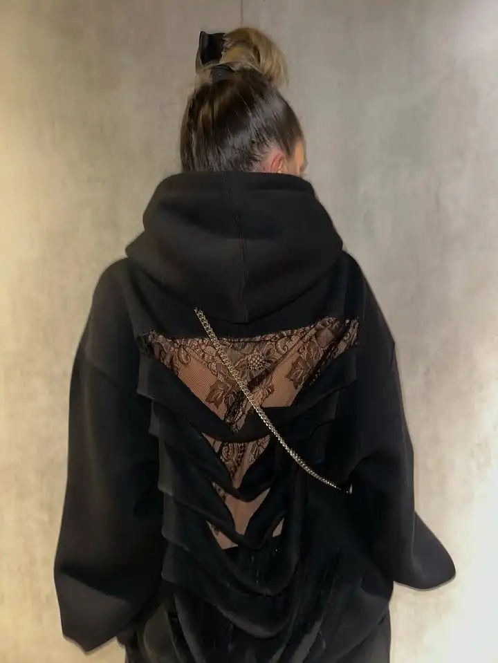 American Gothic Translucent Mesh Hoodie Y2Kwomens Fashion Sexy Ribbon Backless Hollow Oversized Hoodie Sweatshirt Casual Jacket