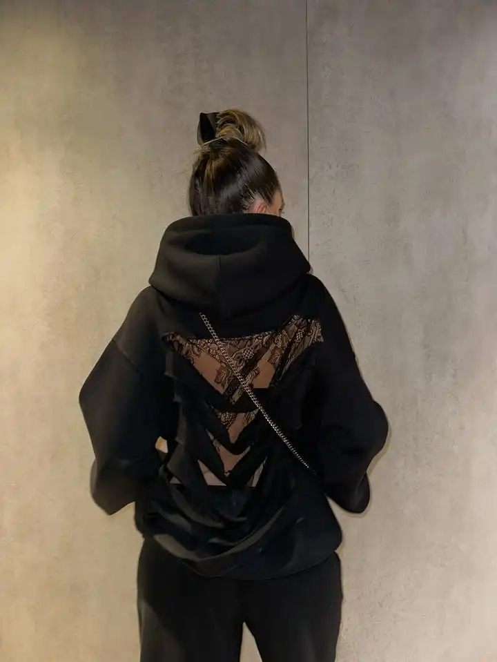 American Gothic Translucent Mesh Hoodie Y2Kwomens Fashion Sexy Ribbon Backless Hollow Oversized Hoodie Sweatshirt Casual Jacket