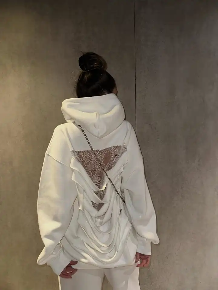 American Gothic Translucent Mesh Hoodie Y2Kwomens Fashion Sexy Ribbon Backless Hollow Oversized Hoodie Sweatshirt Casual Jacket