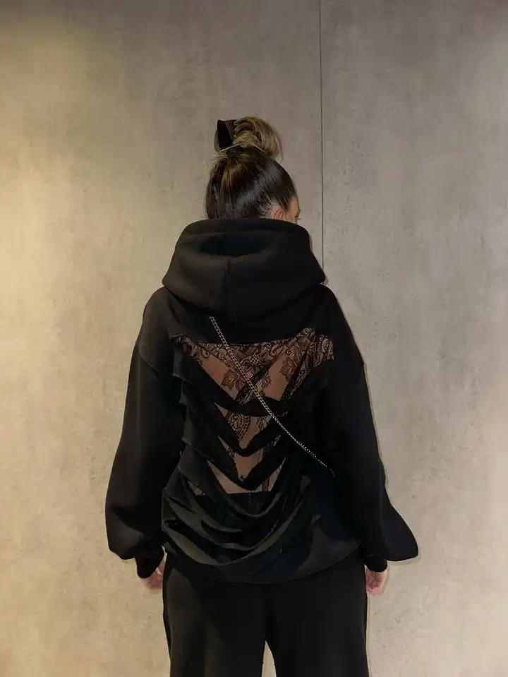 American Gothic Translucent Mesh Hoodie Y2Kwomens Fashion Sexy Ribbon Backless Hollow Oversized Hoodie Sweatshirt Casual Jacket