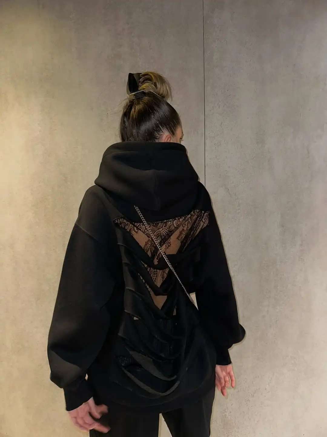 American Gothic Translucent Mesh Hoodie Y2Kwomens Fashion Sexy Ribbon Backless Hollow Oversized Hoodie Sweatshirt Casual Jacket