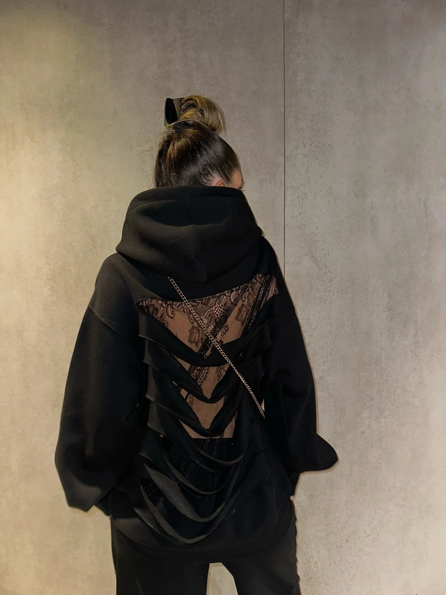 American Gothic Translucent Mesh Hoodie Y2Kwomens Fashion Sexy Ribbon Backless Hollow Oversized Hoodie Sweatshirt Casual Jacket