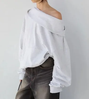 Off-The-Shoulder Hoodie 2025 Autumn Winter Solid Color Hooded Sweatshirt for Women Loose Comfortable Laid-back Streetwear Style