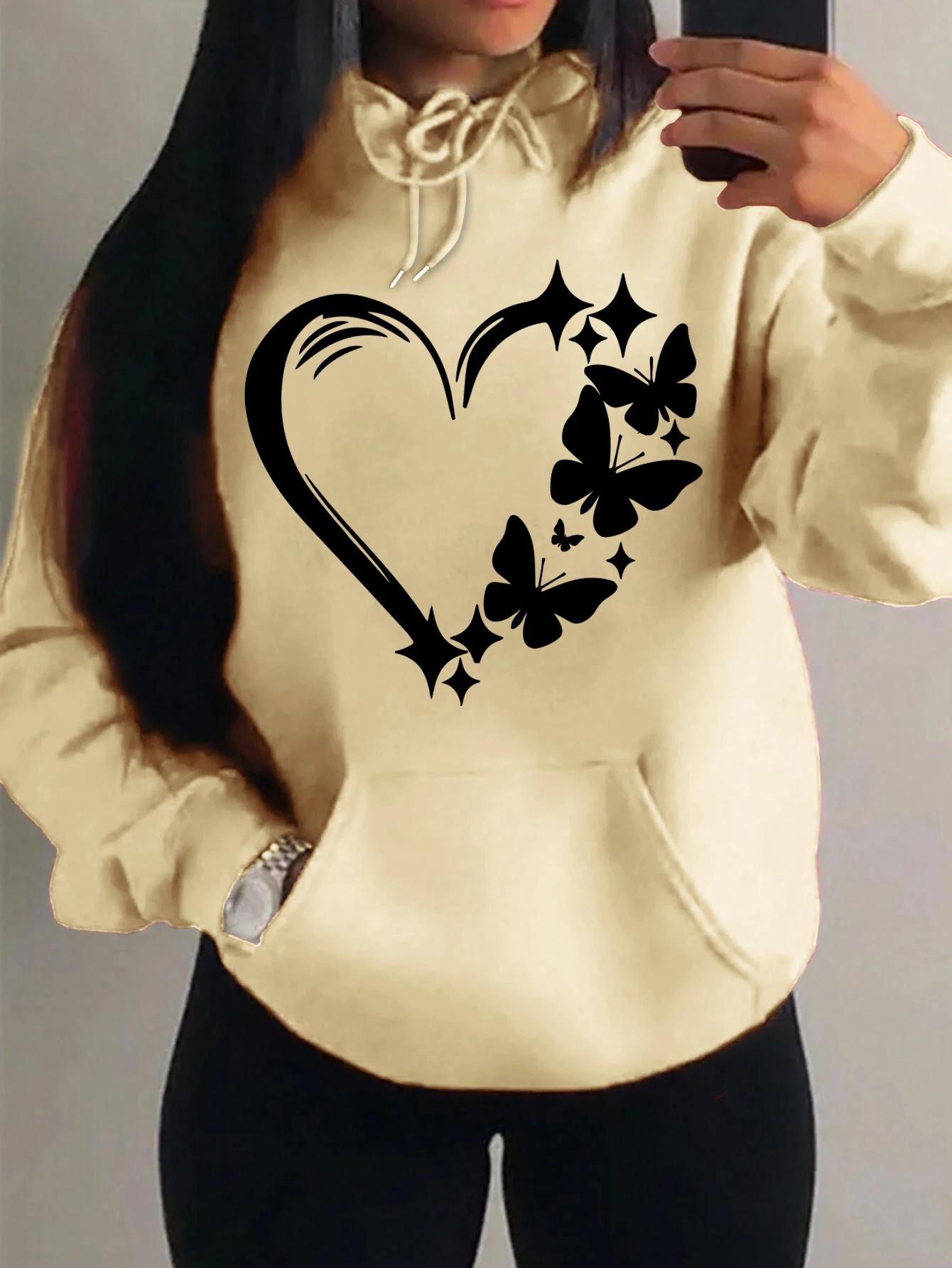 Combination Of Love And Butterfly  Pattern Hoody Women Hip Hop Street Hoodies Trendy Pocket Clothes Vintage Multicolor Hoodie