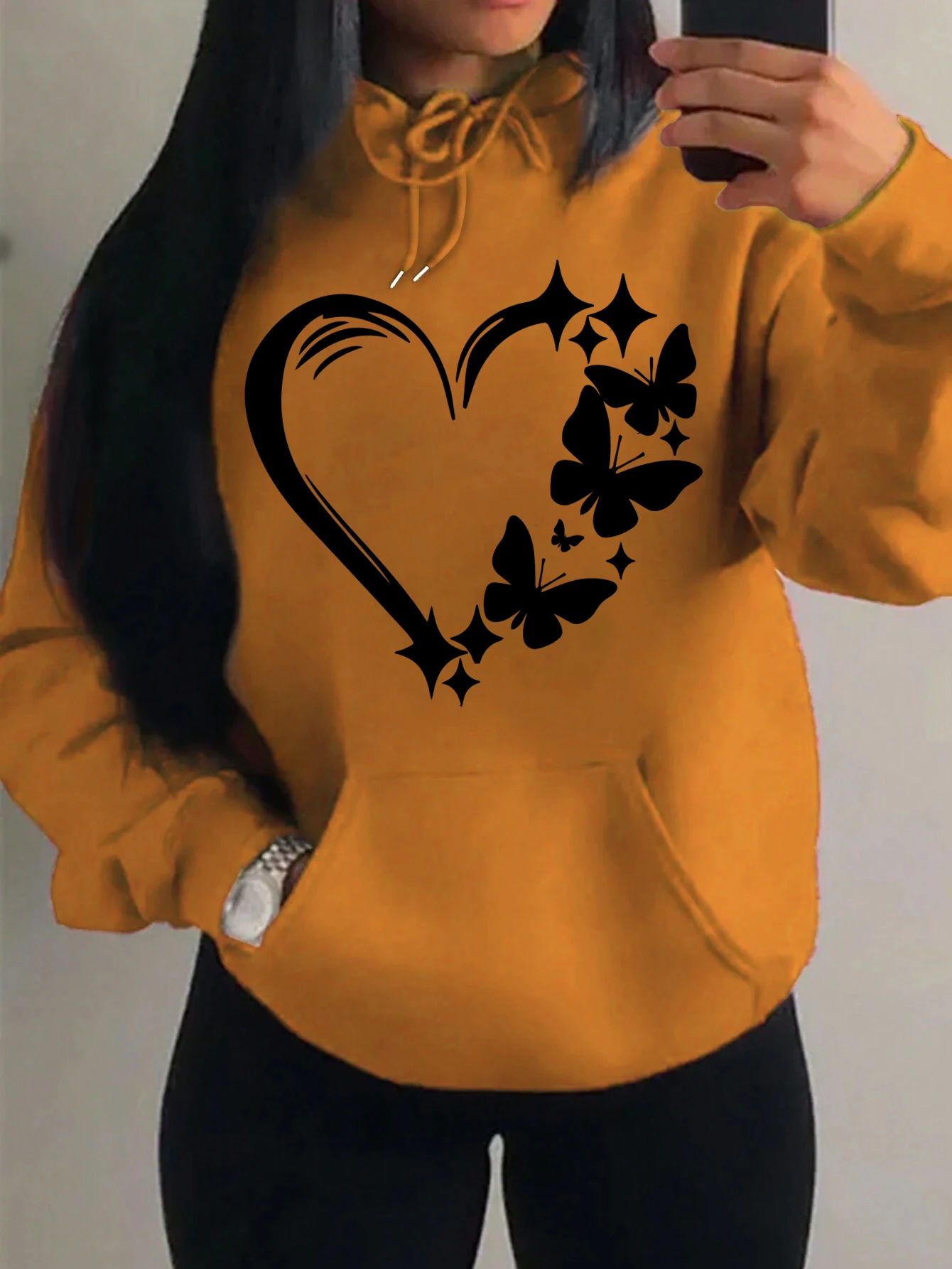 Combination Of Love And Butterfly  Pattern Hoody Women Hip Hop Street Hoodies Trendy Pocket Clothes Vintage Multicolor Hoodie