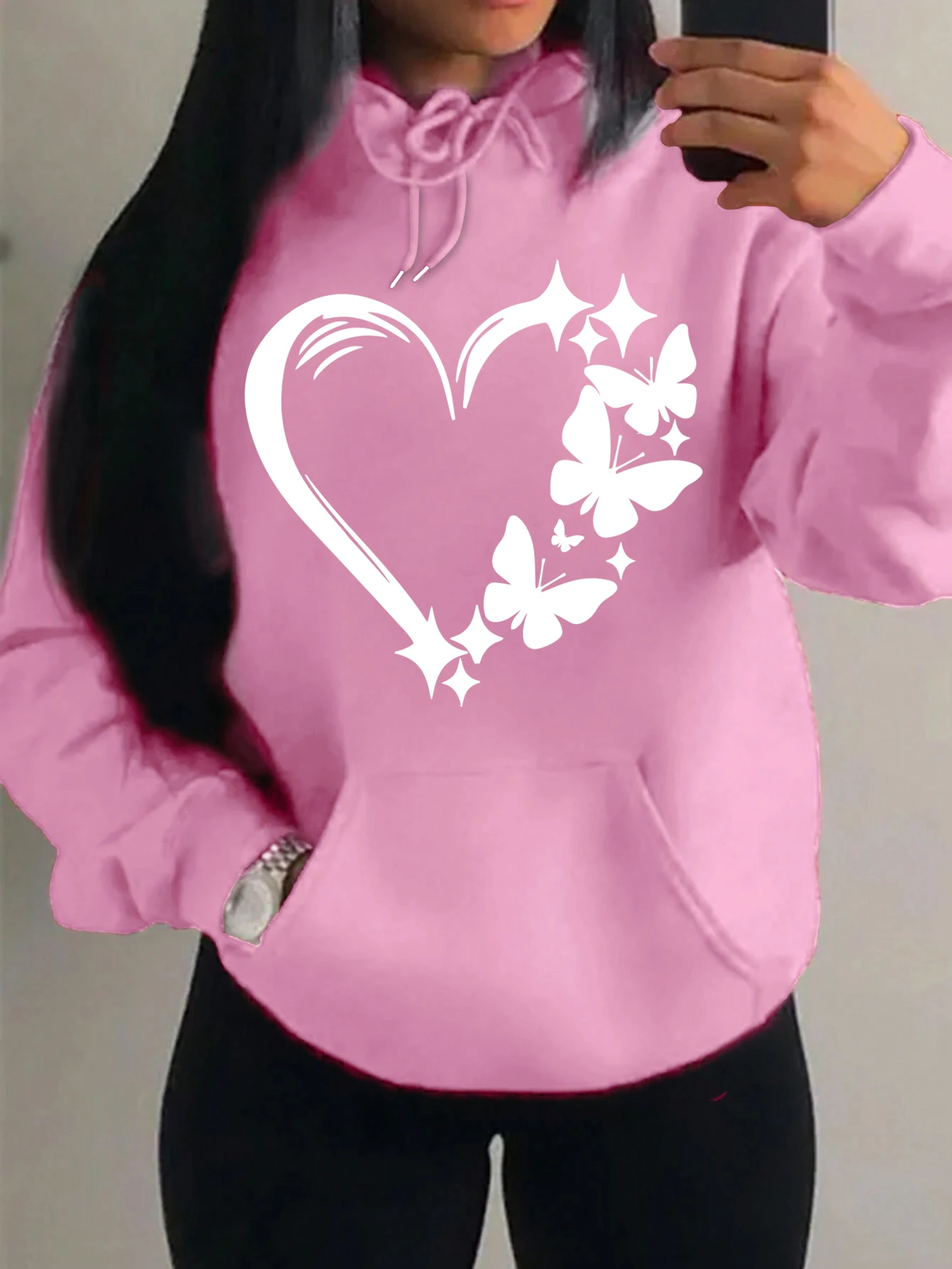 Combination Of Love And Butterfly  Pattern Hoody Women Hip Hop Street Hoodies Trendy Pocket Clothes Vintage Multicolor Hoodie