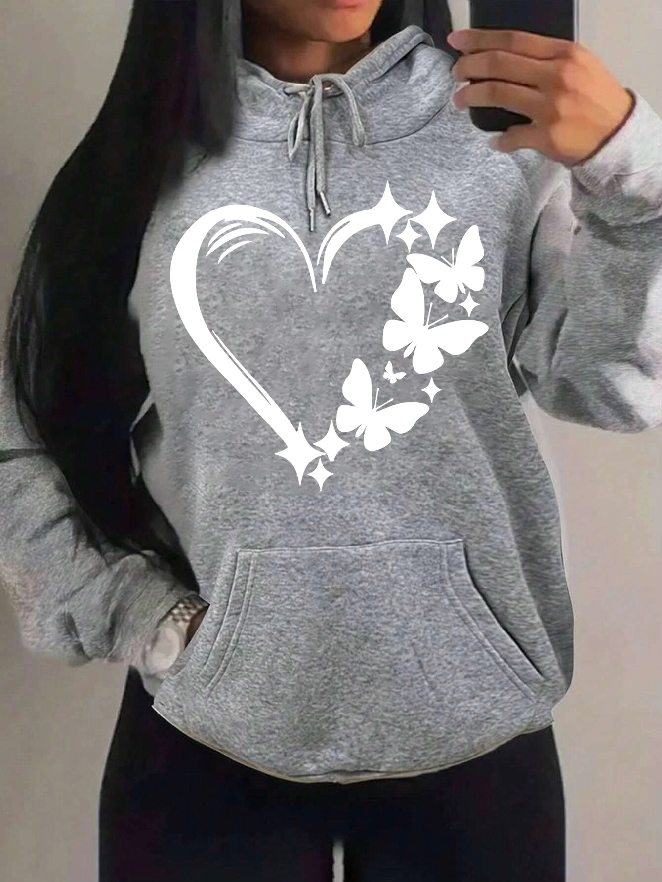 Combination Of Love And Butterfly  Pattern Hoody Women Hip Hop Street Hoodies Trendy Pocket Clothes Vintage Multicolor Hoodie