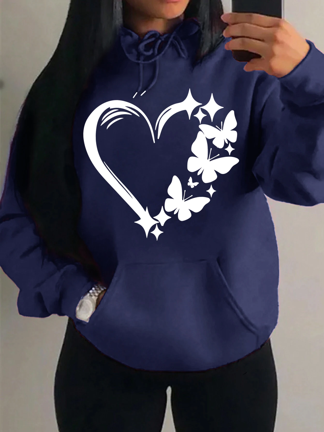 Combination Of Love And Butterfly  Pattern Hoody Women Hip Hop Street Hoodies Trendy Pocket Clothes Vintage Multicolor Hoodie