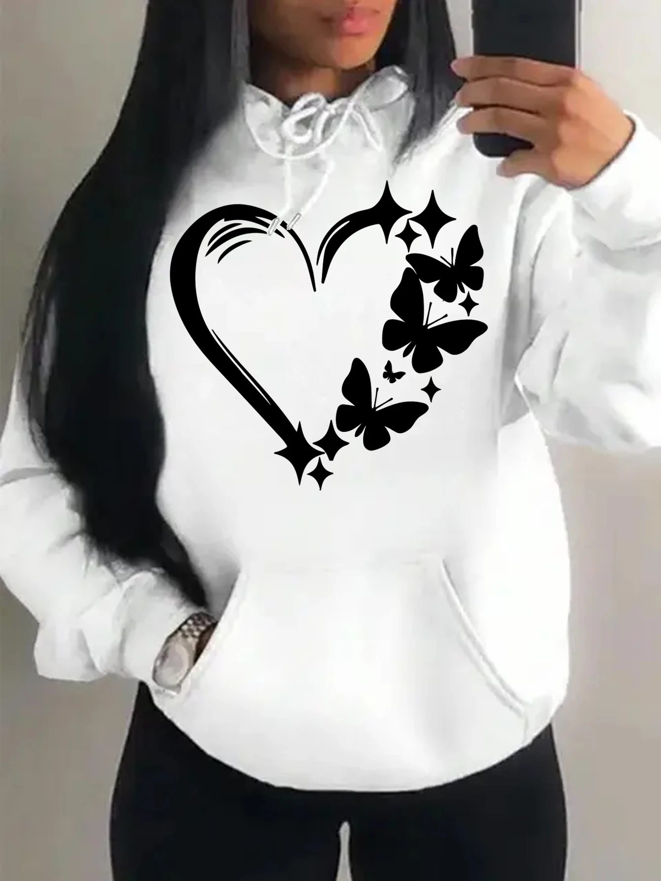 Combination Of Love And Butterfly  Pattern Hoody Women Hip Hop Street Hoodies Trendy Pocket Clothes Vintage Multicolor Hoodie