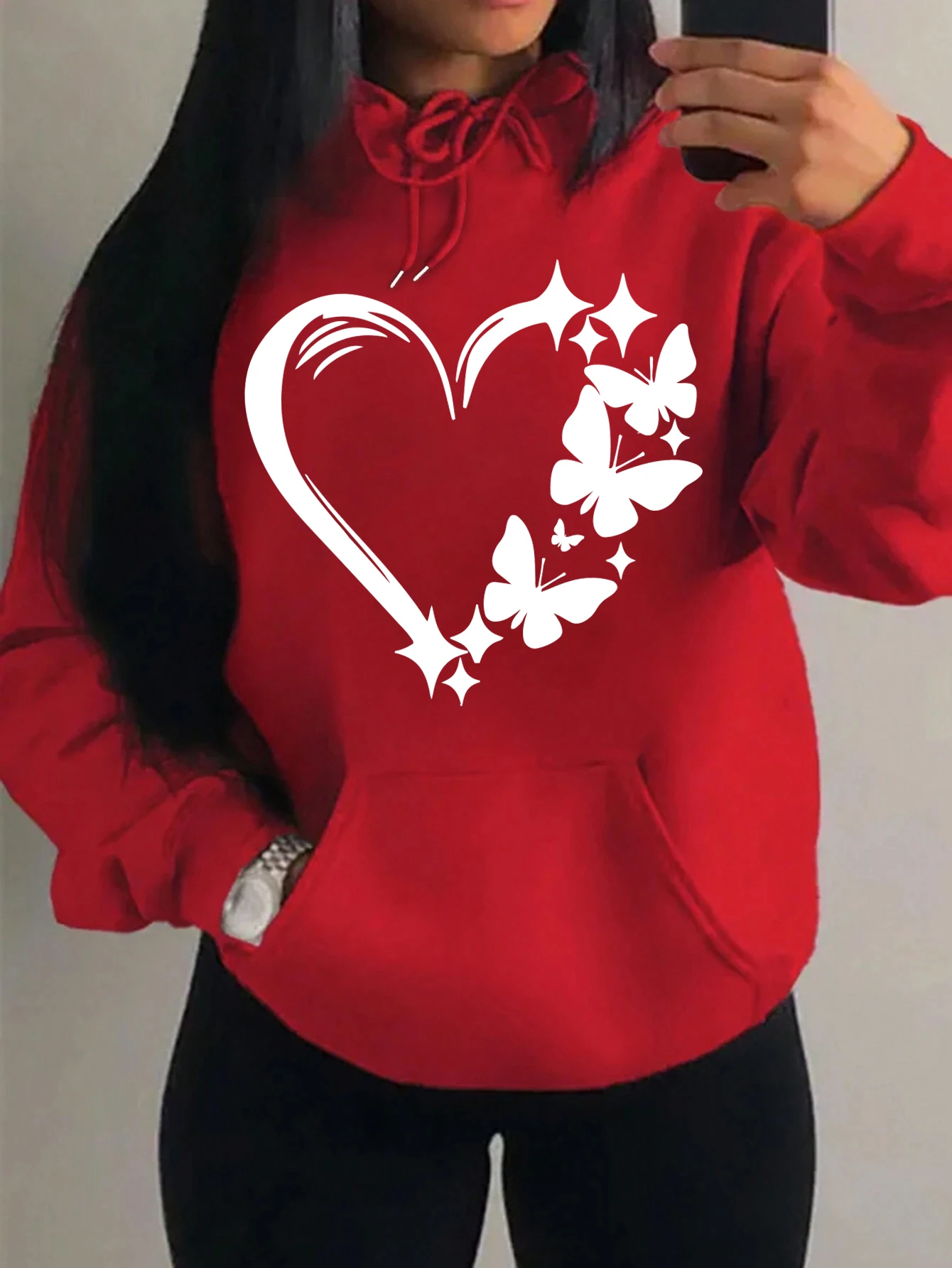 Combination Of Love And Butterfly  Pattern Hoody Women Hip Hop Street Hoodies Trendy Pocket Clothes Vintage Multicolor Hoodie