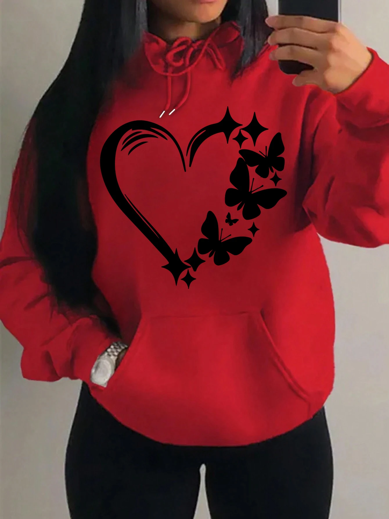 Combination Of Love And Butterfly  Pattern Hoody Women Hip Hop Street Hoodies Trendy Pocket Clothes Vintage Multicolor Hoodie