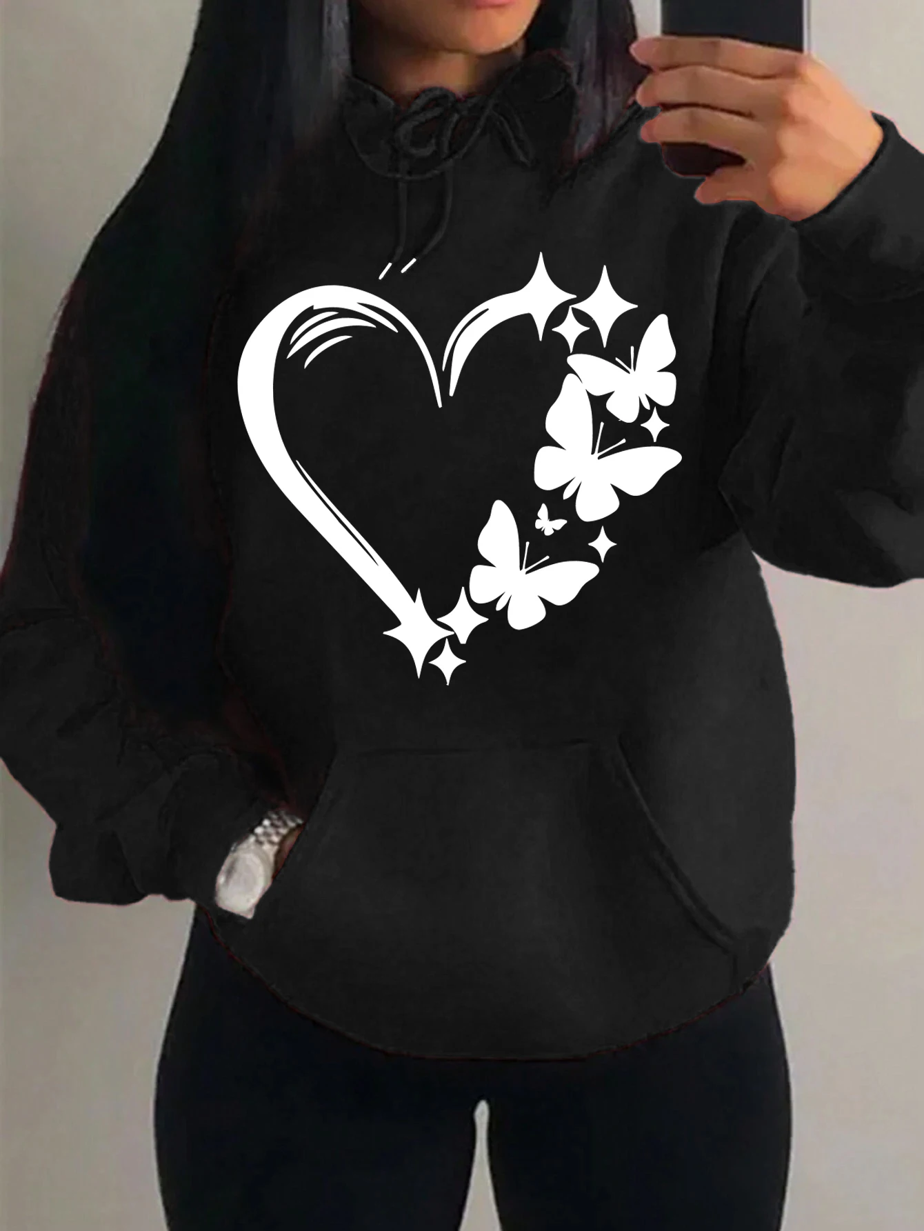 Combination Of Love And Butterfly  Pattern Hoody Women Hip Hop Street Hoodies Trendy Pocket Clothes Vintage Multicolor Hoodie