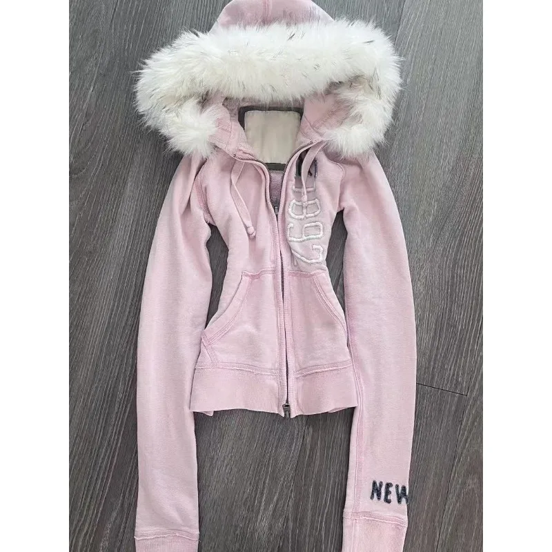 American Vintage Pink Furry Hoodie Women Y2K Harajuku Faux Fur Collar Jacket Fashion Slim Hottie Sweatshirt Fashion Retro Coats