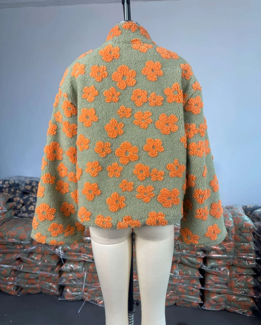 Zekye Women's 2025 New Fashion Polar Fleece Flower Blossoms Sweater Cotton Sweater Loose Warm Fur Stand Up Collar Zipper Top