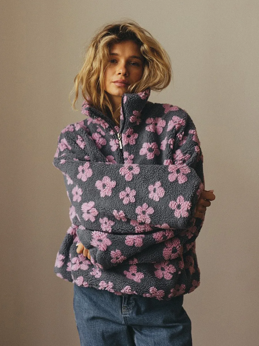 Zekye Women's 2025 New Fashion Polar Fleece Flower Blossoms Sweater Cotton Sweater Loose Warm Fur Stand Up Collar Zipper Top