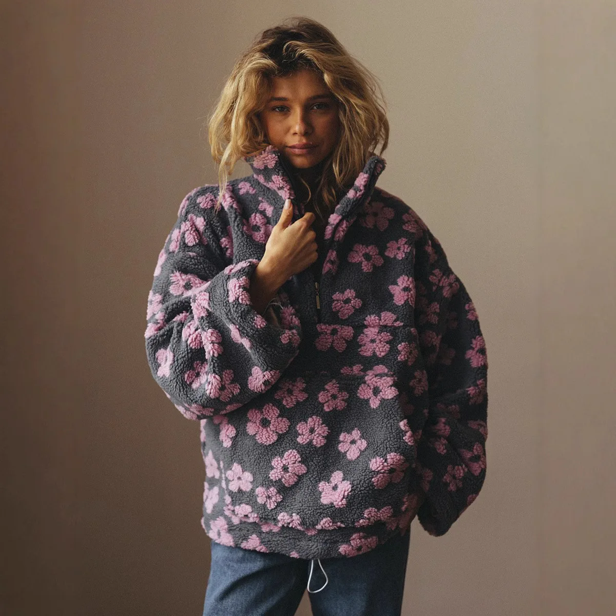 Zekye Women's 2025 New Fashion Polar Fleece Flower Blossoms Sweater Cotton Sweater Loose Warm Fur Stand Up Collar Zipper Top