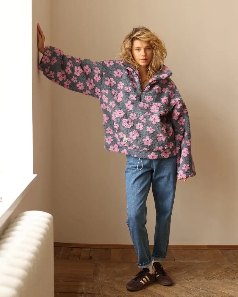 Zekye Women's 2025 New Fashion Polar Fleece Flower Blossoms Sweater Cotton Sweater Loose Warm Fur Stand Up Collar Zipper Top