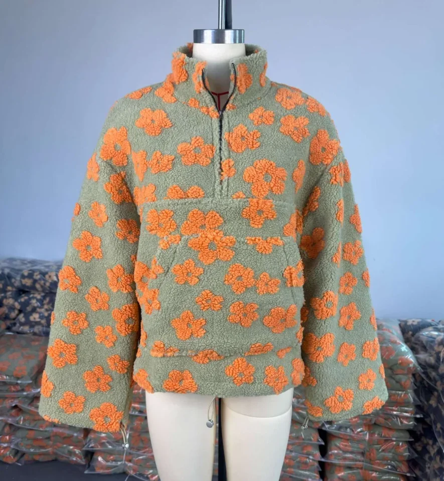 Zekye Women's 2025 New Fashion Polar Fleece Flower Blossoms Sweater Cotton Sweater Loose Warm Fur Stand Up Collar Zipper Top