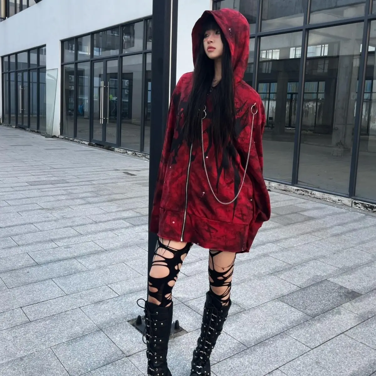 Y2k Aesthetic Printing Punk Hoodies Women Grunge Loose Pocket Oversized Hooded Hoody Harajuku Streetwear Emo Zipper Sweatshirts