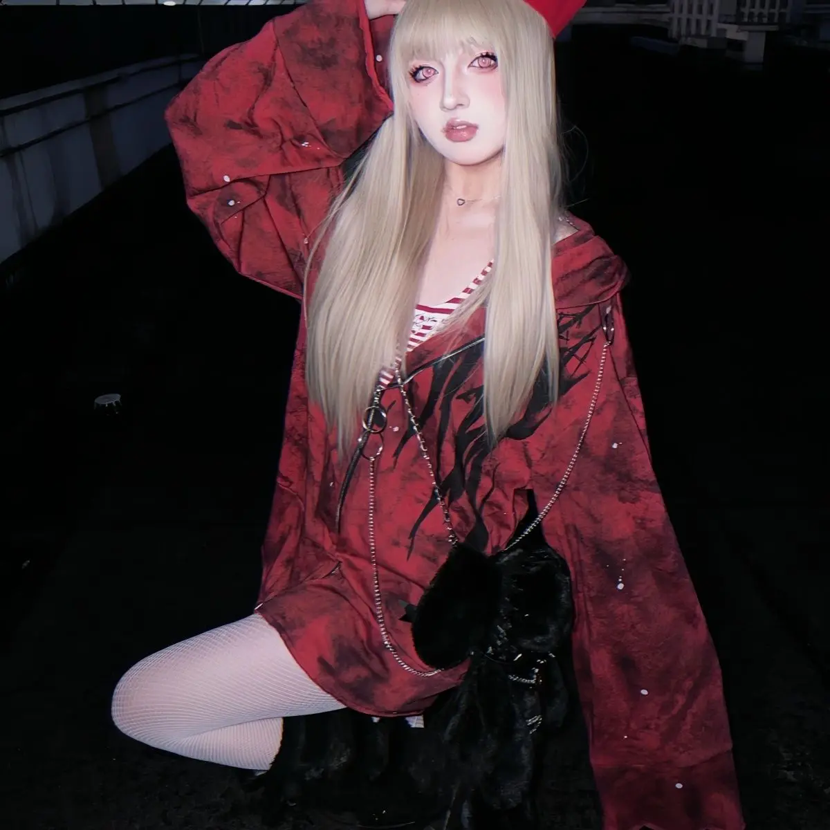 Y2k Aesthetic Printing Punk Hoodies Women Grunge Loose Pocket Oversized Hooded Hoody Harajuku Streetwear Emo Zipper Sweatshirts