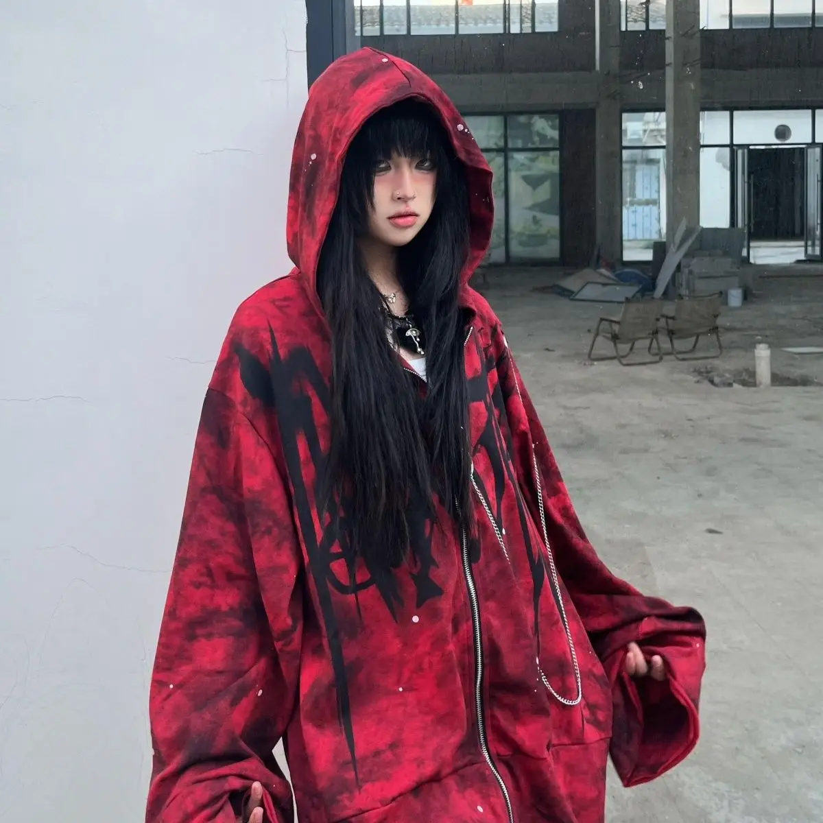 Y2k Aesthetic Printing Punk Hoodies Women Grunge Loose Pocket Oversized Hooded Hoody Harajuku Streetwear Emo Zipper Sweatshirts