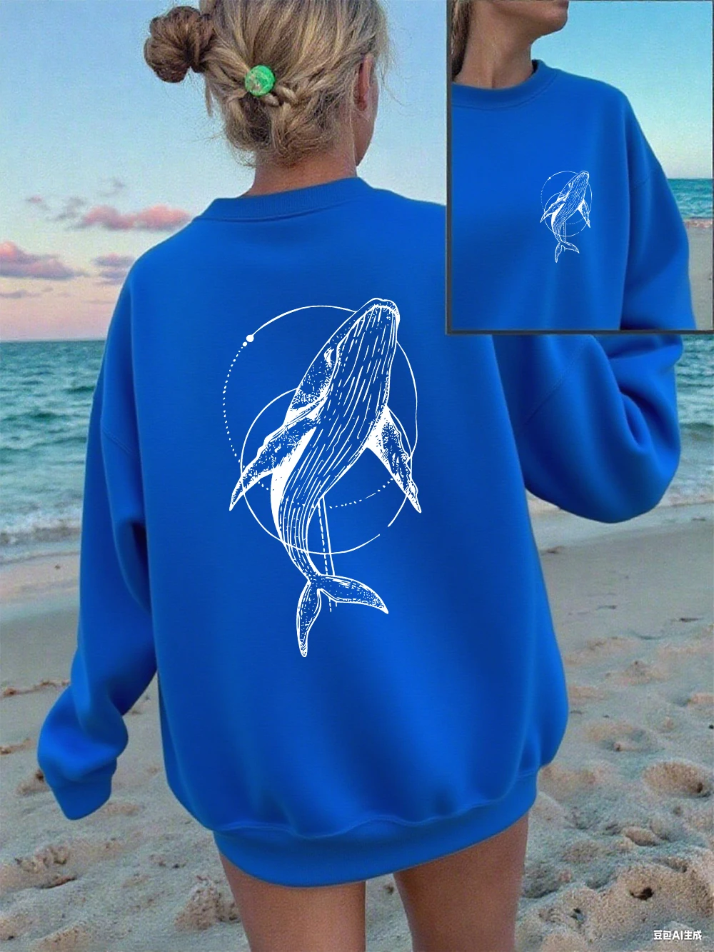 Humpback Whale Printing Sweatshirts Women Casual Crewneck Hoodies Winter Fleece Warm Pullover Loose Comfortable Womans Clothes