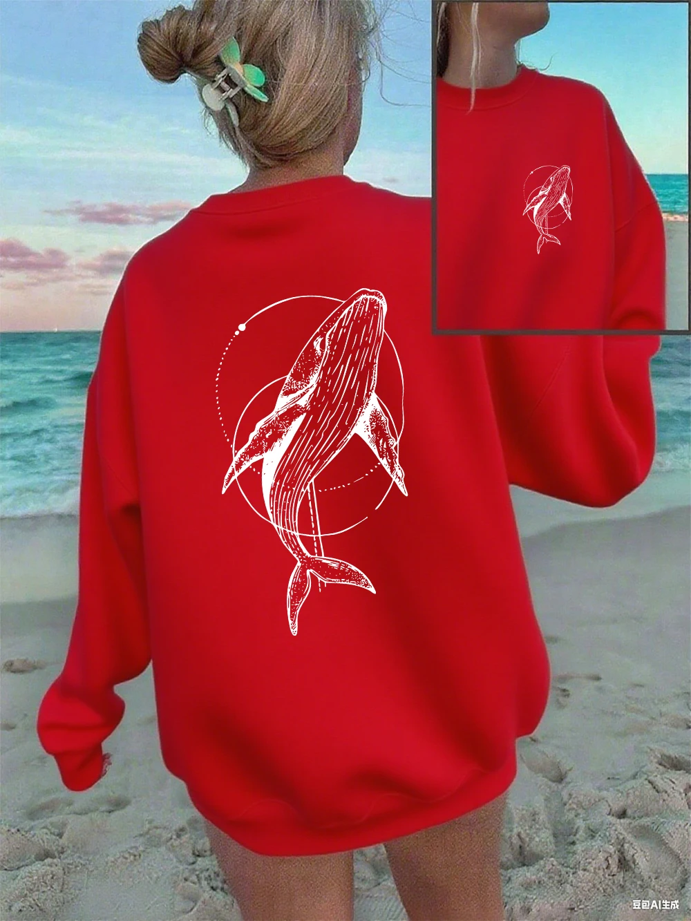 Humpback Whale Printing Sweatshirts Women Casual Crewneck Hoodies Winter Fleece Warm Pullover Loose Comfortable Womans Clothes