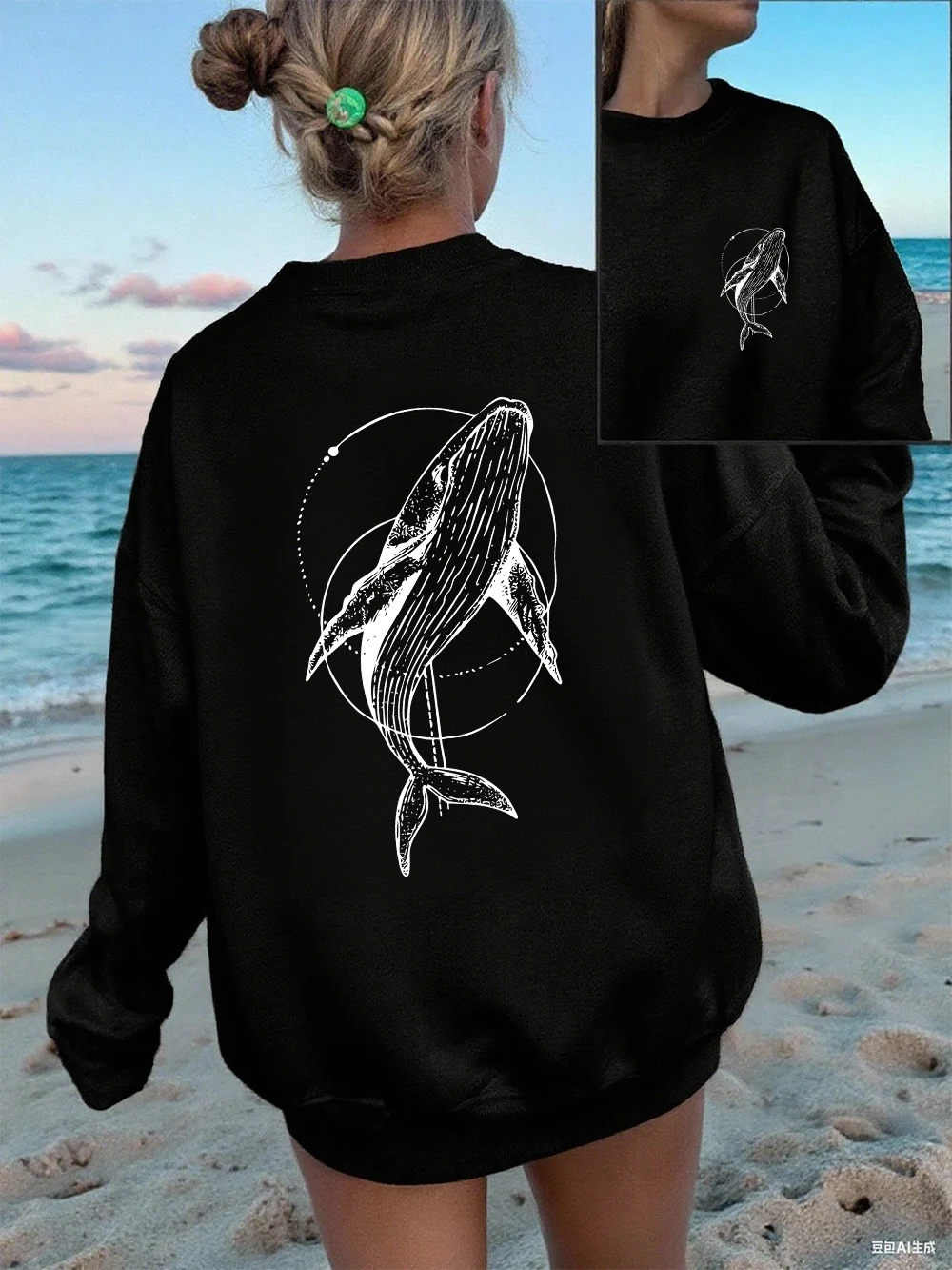 Humpback Whale Printing Sweatshirts Women Casual Crewneck Hoodies Winter Fleece Warm Pullover Loose Comfortable Womans Clothes