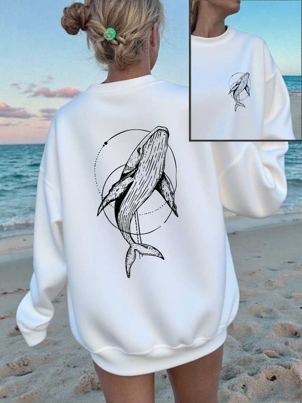 Humpback Whale Printing Sweatshirts Women Casual Crewneck Hoodies Winter Fleece Warm Pullover Loose Comfortable Womans Clothes