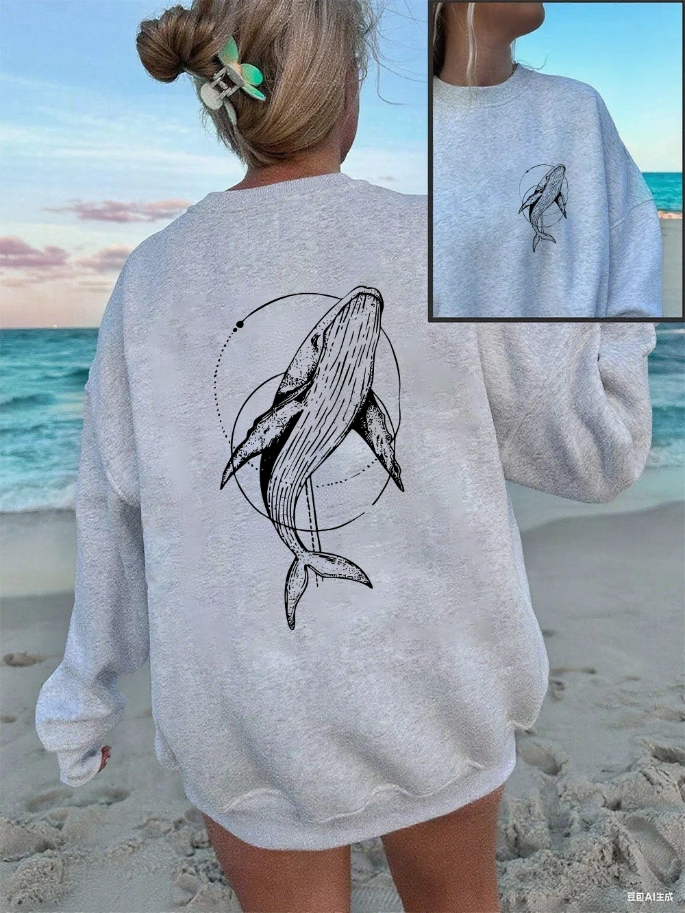 Humpback Whale Printing Sweatshirts Women Casual Crewneck Hoodies Winter Fleece Warm Pullover Loose Comfortable Womans Clothes